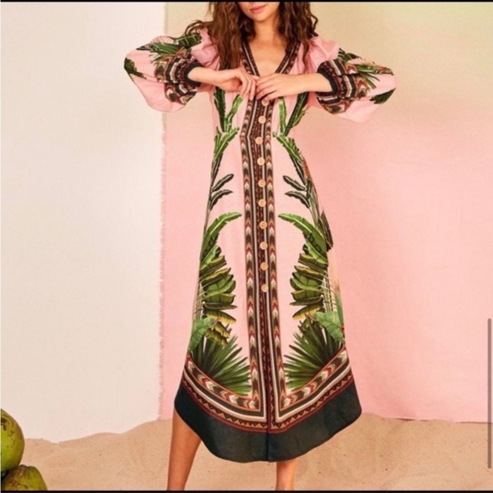 FARM RIO AMAZONIA JUNGLE PALM TREE FRONDS TROPICAL BRAZILIAN MAXI DRESS S